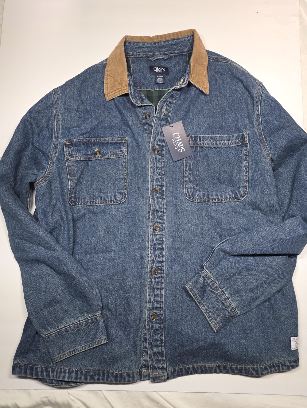 Chaps Men's Blue Denim Shirt Jacket Brown Corduroy Collar Flannel Lined XL Men's